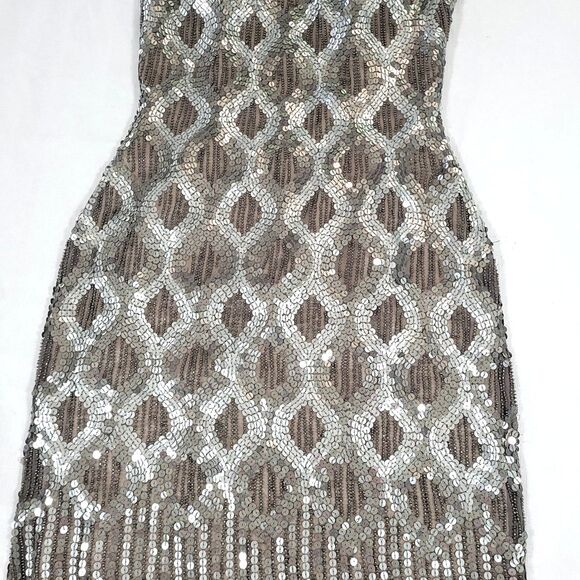 Scala Silk Sequin Beaded Cocktail Dress 2 Silver sheath Lined Sleeveless formal - Picture 6 of 16